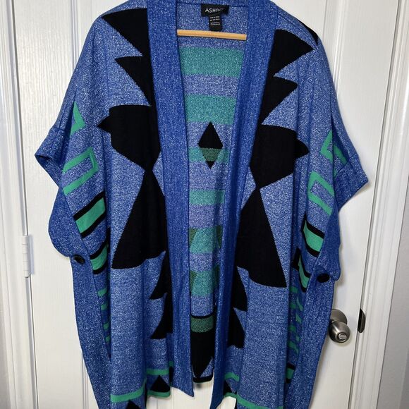 ASHRO Open Shawl Poncho Cardigan Sweater OS Metallic Blue Green Black Tribal - Picture 1 of 8